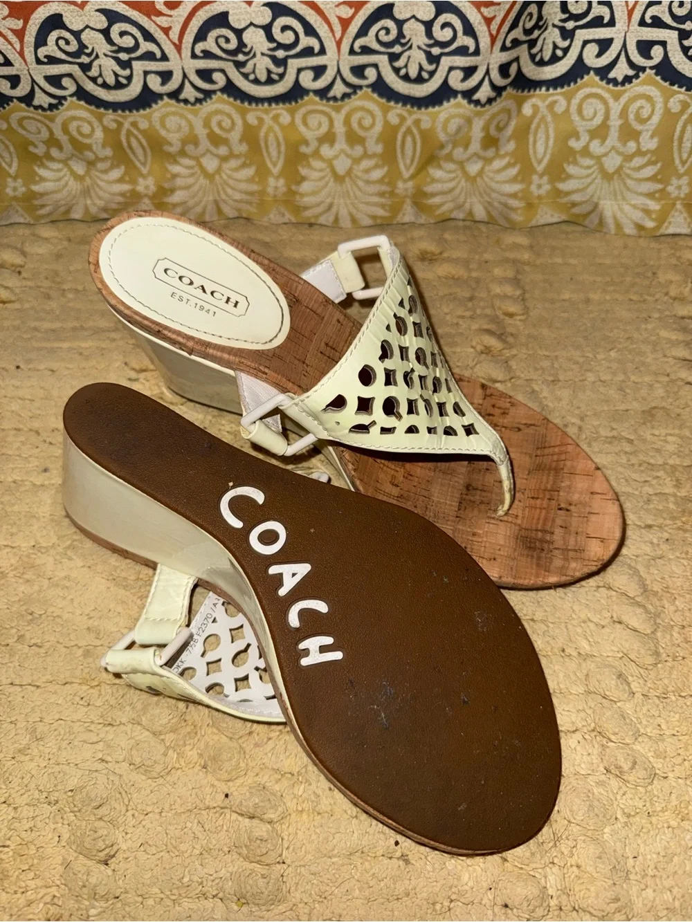 Coach White Laser-Cut Cork Wedge Sandals